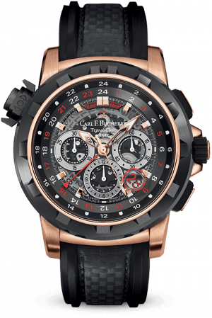 [CA.WATC.2495] Carl F. Bucherer 18k Rose Gold Patravi Traveltec Four-X W/Skeleton Dial On Black Rubber Strap