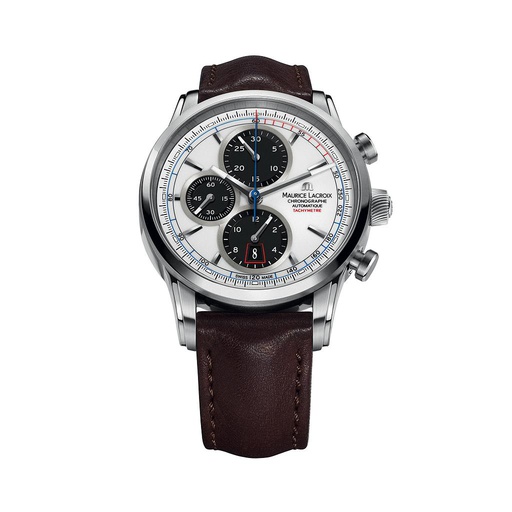 [DK.WATC.0005841] Stainless Steel White Dial W/Black Red & Blue Accents On Black Leather Str