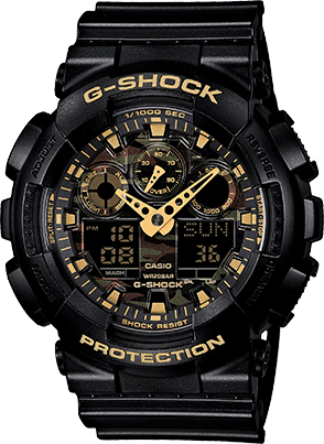 [CA.WATC.0005112] G-Shock Xl Black W/Gold Hands & Camo Face Ana-Digi