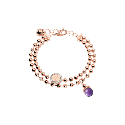 [TE.FASH.0007317] Rebecca Rose Gold Plated Double Strand Beaded Bracelet W/Purp Stone
