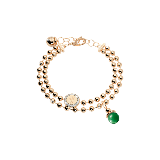 [TE.FASH.0007382] Yellow Gold Plated Double Strand Beaded Bracelet W/Green Stone