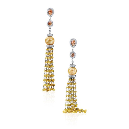 [RO.PERL.0007681] 18k White Gold Yellow &amp; White Diamond Pearl Tassel Earring