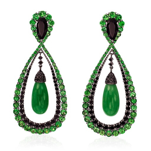 [SI.COLO.0007938] 18k White Gold Earring W/Black Agate Pears Green Dangles &amp; Graduated Black Diamond &amp; Green Gar Halos