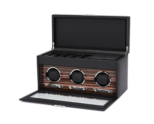 [WO.ACCS.0008457] 3 Watch Winder W/Storage Case Black Leather W/Wood Face