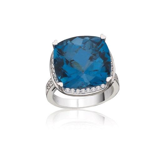 [LI.COLO.0005725] 18k White Gold 15m Cushion London Blue Checkerboard Ring W/Halo