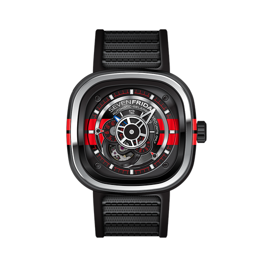 [W .WATC.0007783] Sevenfriday P3/Bb Special Edition Big-Block Stainless Steel &amp; Black PVD Watch Red Accents Black/Red Strap