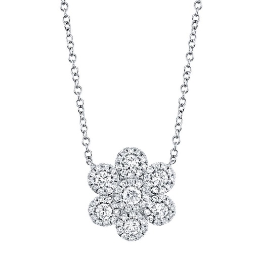 [SH.DIAM.0007877] 14k White Gold 7 Diamond Flower Necklace W/Halos