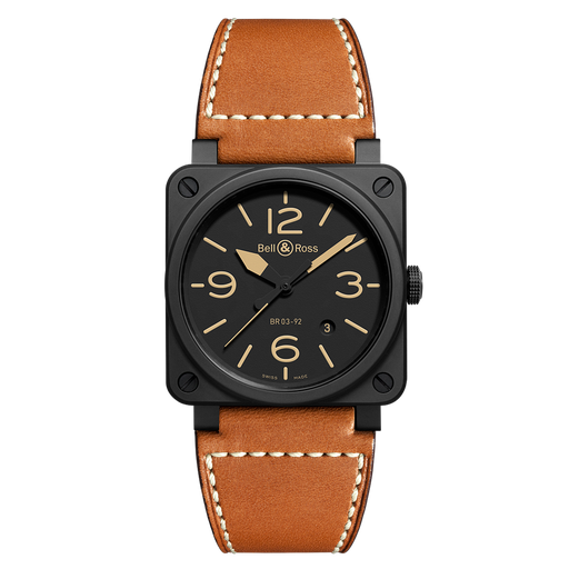 [BE.WATC.0002309] Aviation Heritage Matte Black Ceramic Case Camel Calfskin Strap 42m