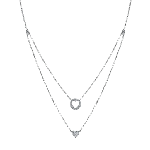 [SH.FASH.0007903] Shy Creation 14k White Gold Double Heart Layered Necklace 0.16cttw
