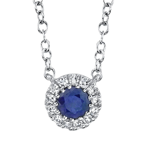[SH.COLO.0007888] Shy Creation 14k White Gold Sapphire W/Diamond Halo Necklace