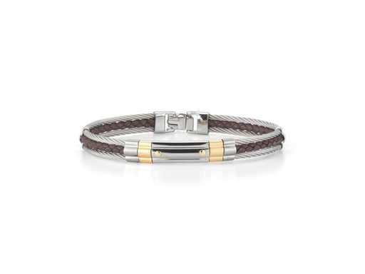 [AL.FASH.0001725] 18k Bangle Yellow Gold &amp; Ss W/Ss Cable &amp; Brown Leather Size 7.75