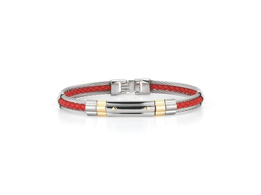 [AL.FASH.1726] 18k Bangle Yellow Gold &amp; Ss W/Ss Cable &amp; Red Leather Size 8.25