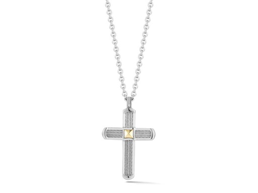[AL.FASH.1741] Men Necklace 18k Yellow Gold & Ss W/Ss Cable & Gray Ss 24 In Chain