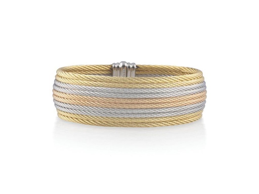 [AL.FASH.0001762] 18k Bangle Yellow Gold &amp; Ss W/10 Row Tri Color Cable Size 6.5