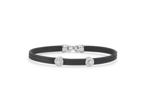 [AL.FASH.1707] 18k Bangle White Gold & Ss W. Black Ss Cable, 2 Round