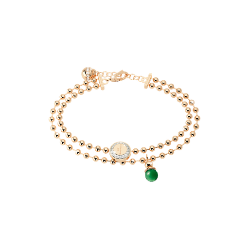 [TE.FASH.0008670] Boulevard Stone Yellow Tone Double Bead Bracelet W/Green Bead Dangle
