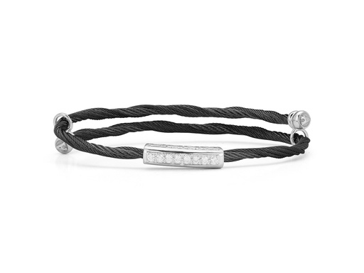 [AL.FASH.0008741] 18k Bangle White Gold & Ss Black Cable W/1 Long Rectangular Station 0.18 Ct