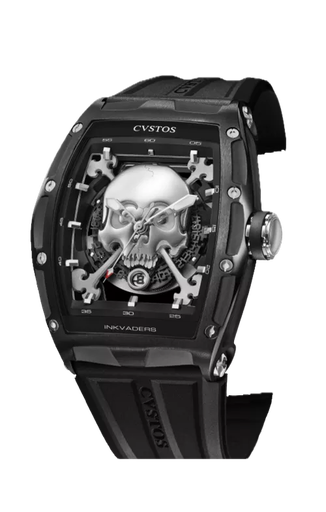 [CV.WATC.9129] Jetliner Steel Skull Inkvaders In Black Stainless W/White Rubber Strap