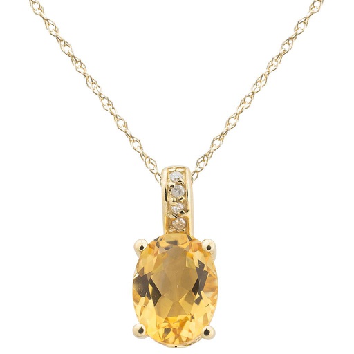 [LA.GEMS.9408] 14k Yellow Gold Diamond &amp; Citrine Oval 8 X 6m Pendant W/18&quot; Chain- November
