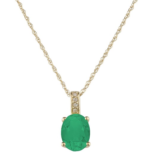 [LA.GEMS.9417] 14k Yellow Gold Diamond &amp; Emerald Oval 8 X 6m Pendant W/18&quot; Chain- May