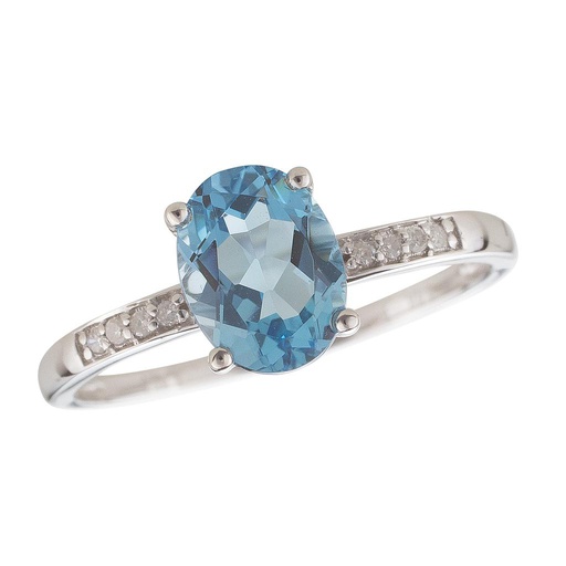 [LA.GEMS.9431] 14k White Gold Diamond & Swiss Blue Oval 8x6m Topaz Ring- December