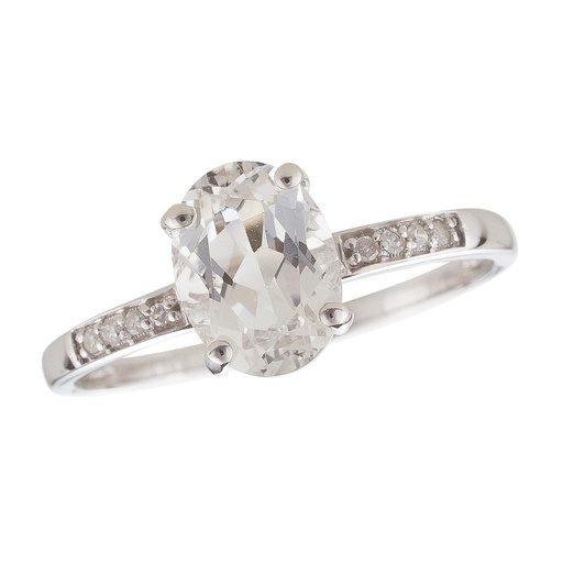 [LA.GEMS.9432] 14k White Gold Diamond & White Topaz Oval 8x6m Ring- April
