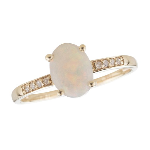 [LA.GEMS.9438] 14k Yellow Gold Diamond & Opal Oval 8x6m Ring- October