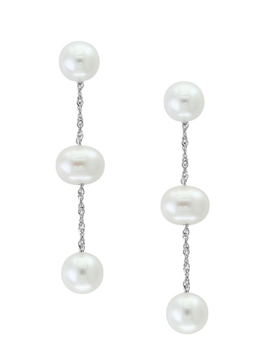 [LA.PERL.0009450] 14k White Gold White Fresh Water 3 Pearl Drop Earrings Center 6-6.5m