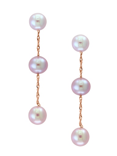 [LA.PERL.0009452] 14k Rose Gold Natural Pink Fresh Water 3 Pearl Drop Earrings Center 6-6.5m
