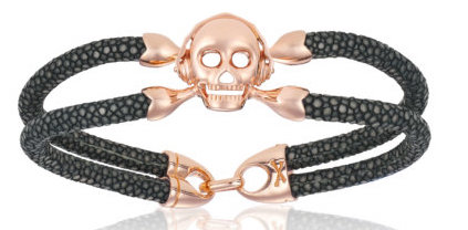[DA.FASH.0009501] Double Bone Single Skull Pink Gold/Gray Stingray Bracelet