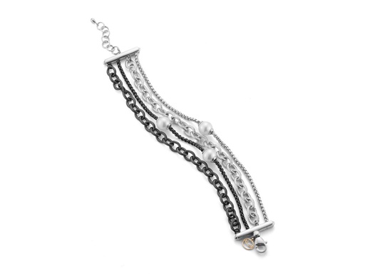 [AL.FASH.0009657] Black PVD & Steel 4 Row 3 Pearl W/Chain Wide Bracelet