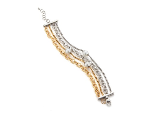 [AL.FASH.0009658] Yellow PVD & Steel 4 Row 3 Pearl W/Chain Wide Bracelet