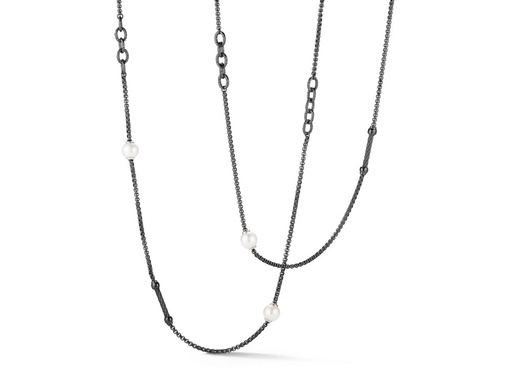 [AL.FASH.0009663] Black PVD 3 Links Section 4 Pearl Long Necklace