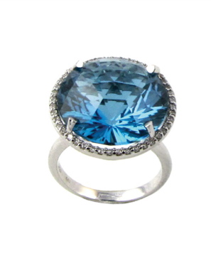[LI.COLO.0010112] 18k White Gold 17m Round Blue Topaz Ring W/.30cts Diamonds