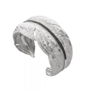 [MI.COLO.0010135] Feather Cuff Braceler W/Diamonds In Sterling