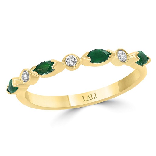 [LA.COLO.0010817] 14k Yellow Gold 4 Marquise Emerald & 3 Round Diamond Band