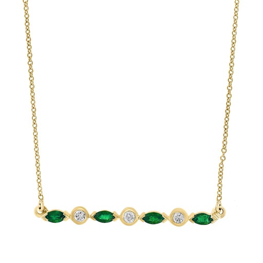 [LA.COLO.0010820] 14k Yellow Gold 4 Marquise Emerald &amp; 3 Round Diamond Necklace