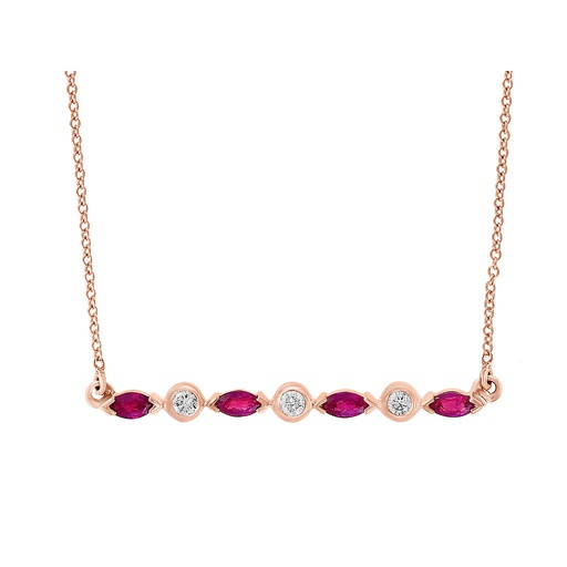 [LA.COLO.0010821] 14k Rose Gold 4 Ruby &amp; 3 Round Diamond Necklace