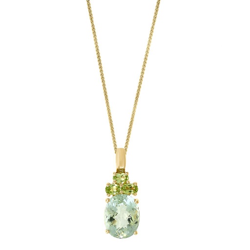 [LA.COLO.0010827] 14k Yellow Gold Oval Green Amethyst & 3 Peridot Pendant & Chain