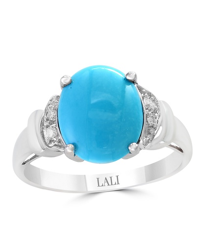 [LA.GEMS.10859] 14k White Gold Oval Turquoise &amp; Diamond Ring