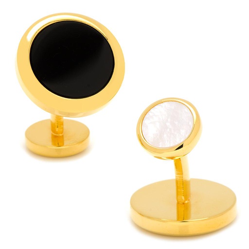 [CU.CUFF.0027520] Double Sided Gold Onyx Round Beveled Cufflinks