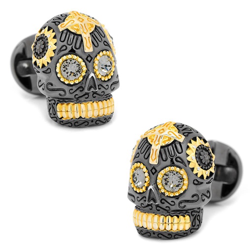 [CU.CUFF.0027946] Black & Gold Vermeil Day Of The Dead Skull Cufflinks