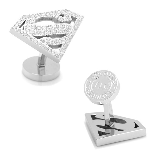 [CU.CUFF.0028184] Stainless Steel White Pave Crystal Superman Cufflinks