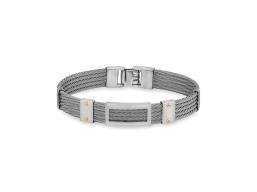 [AL.FASH.0049504] Grey Cable Bracelet With Framed Steel Rectangular Station & 18k Yellow Gold