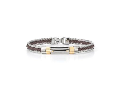 [AL.FASH.0049522] Men's Grey Cable & Brown Leather Striped Bracelet With Steel & 18k Yellow Gold Station