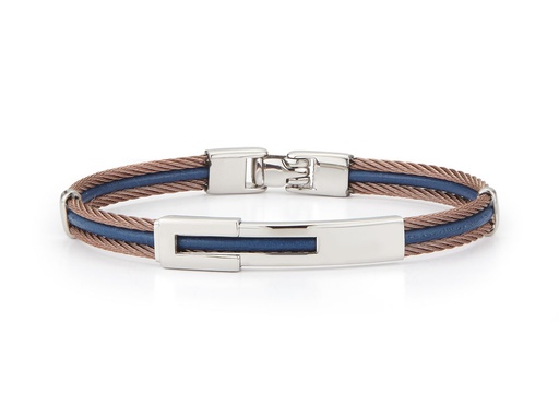 [AL.FASH.0049523] Men's Bronze Cable & Blue Leather Bracelet With Steel Station