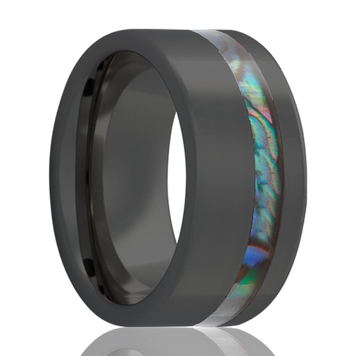 [HE.WEDD.0049779] 8mm Black Ceramic Pipe Cut Offset Opal Inlay Wedding Band