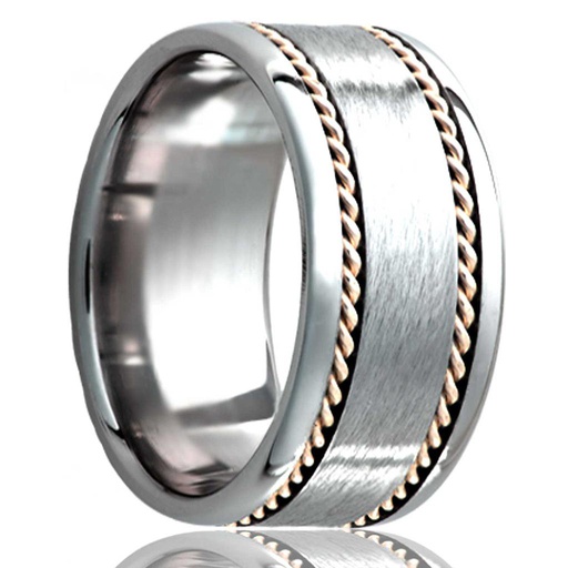 [HE.WEDD.0049791] 8mm Cobalt Pipe Cut 14k Yellow Handwoven Inlay Wedding Band