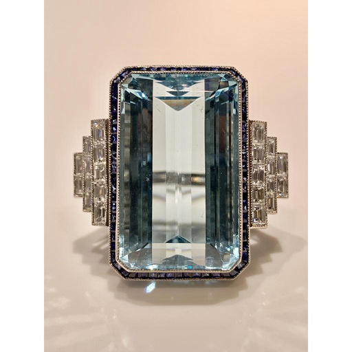 [R .GEMS.0049963] Platinum Aqua With Sapphire Halo & 3 Tier Emerald Cut Steps