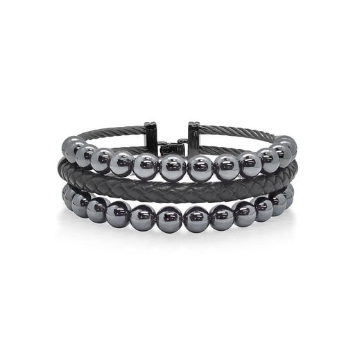 [AL.FASH.0050123] Grey Cable Bracelet With Black Leather & Hematite